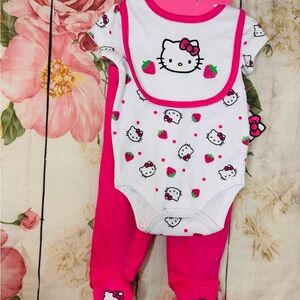 Hello Kitty Baby Girl Pink & White Footie, Bodysuit & Bib Strawberries 3 Months
